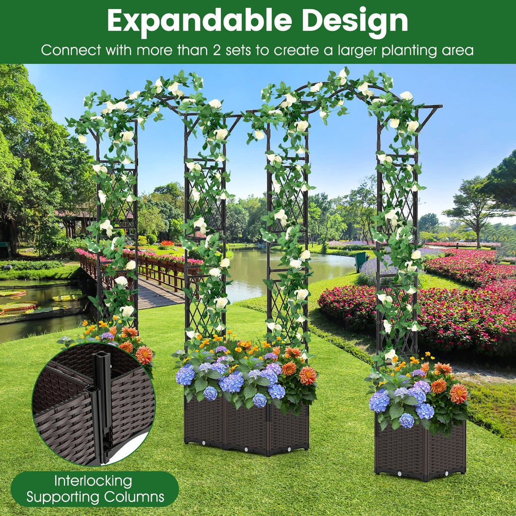 82 x 99 Inch Garden Arch Trellis with 2 Self-Watering Planter Boxes Wheels-Black