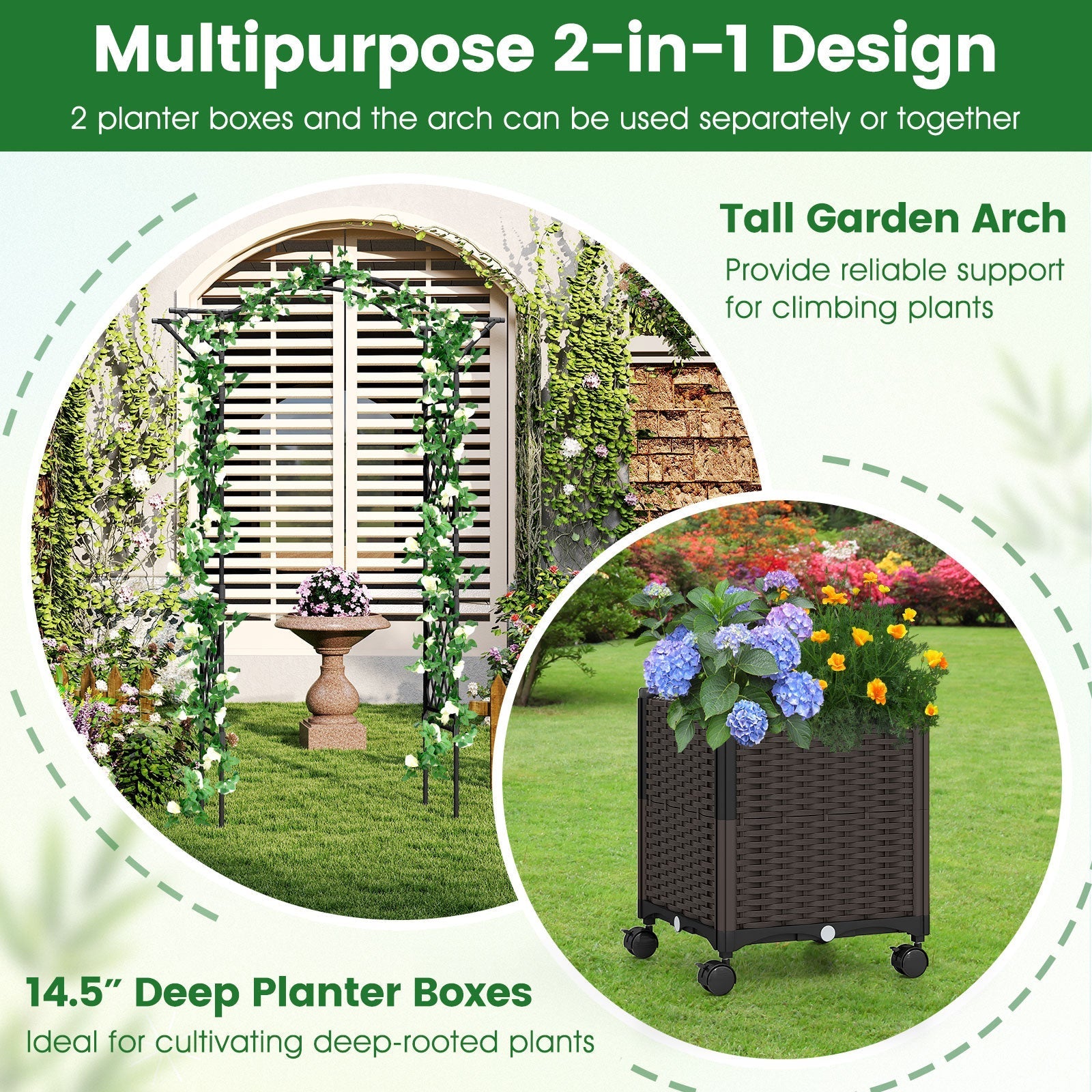 82 x 99 Inch Garden Arch Trellis with 2 Self-Watering Planter Boxes Wheels-Black