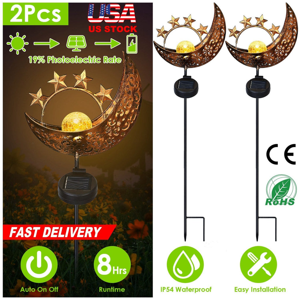 Solar Powered Moon Star Lamp IP54 Waterproof Decorative Lamp Crackle Glass Globe Stake Iron Lights For Garden Lawn Yard Driveway