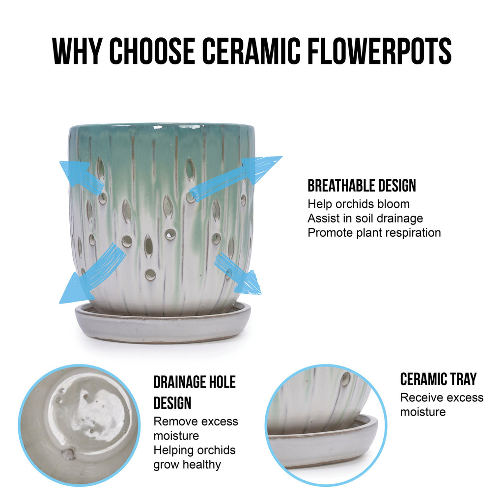 Set of 2 Ceramic Flowerpot with Drainage Hole, 8' Modern Planter for Patio, Garden, Windowsill - White Green