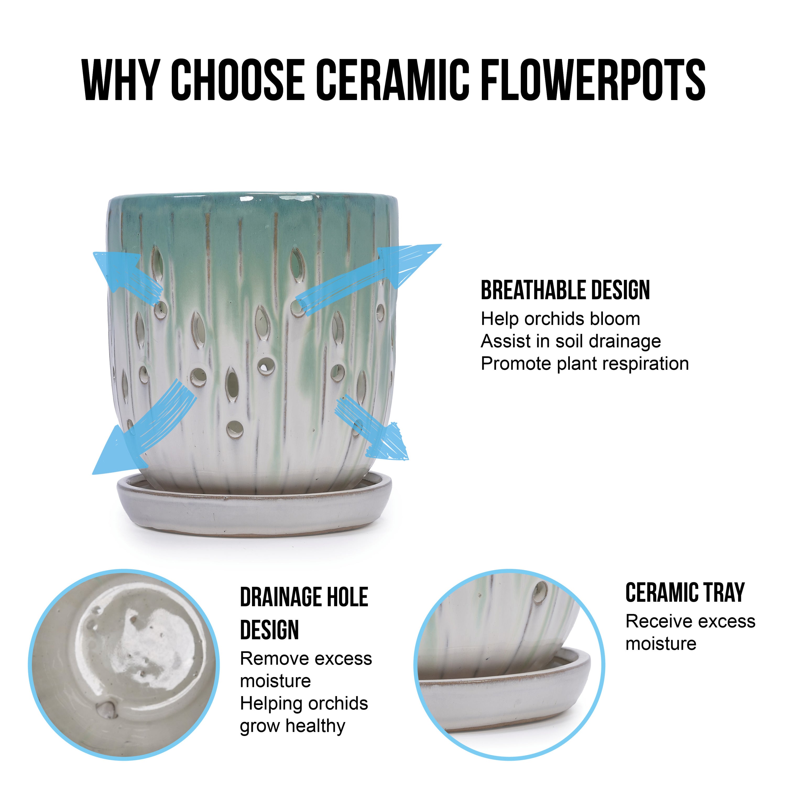 Set of 2 Ceramic Flowerpot with Drainage Hole, 8' Modern Planter for Patio, Garden, Windowsill - White Green