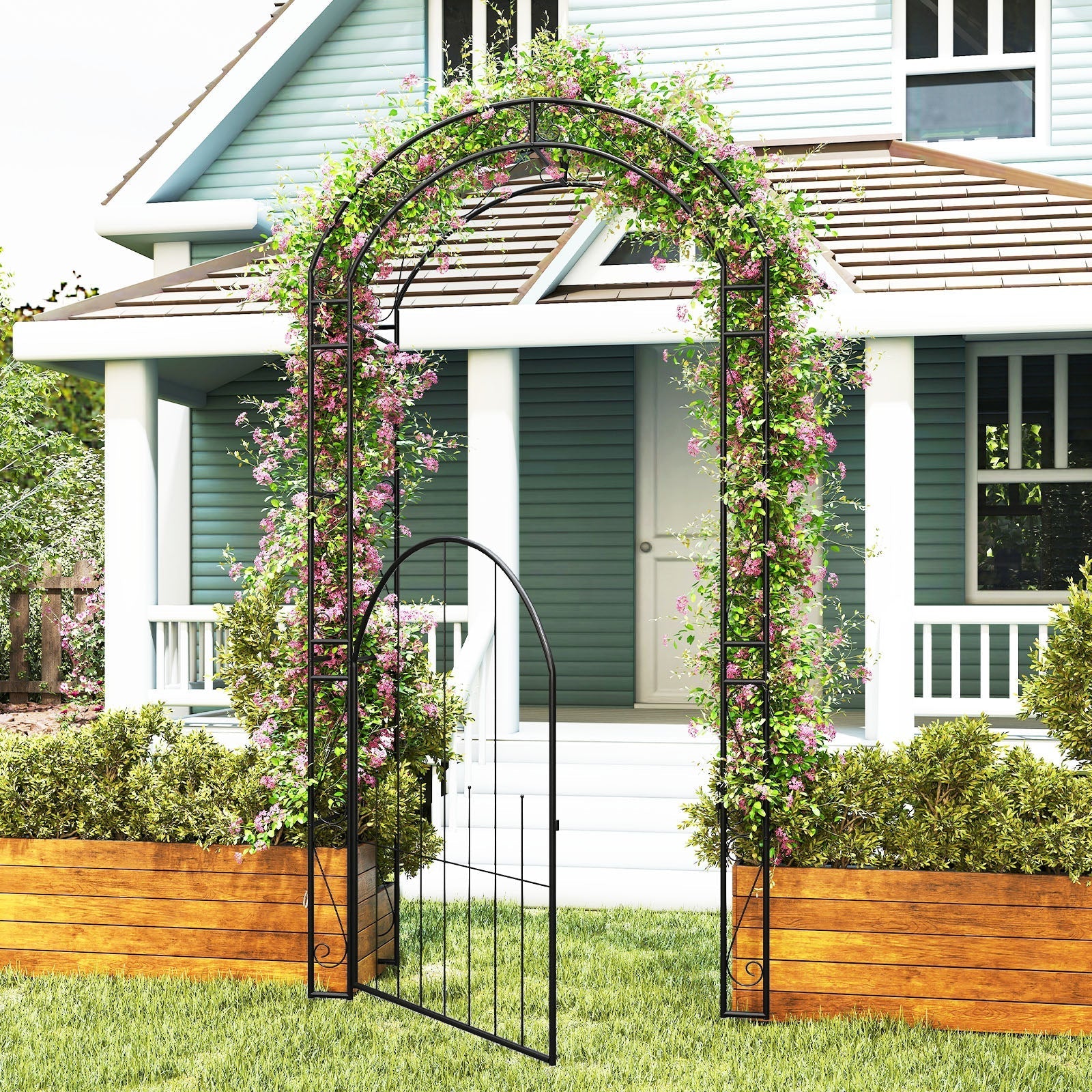 84 Inch Tall Garden Arch Metal Arbor Archway with Gate