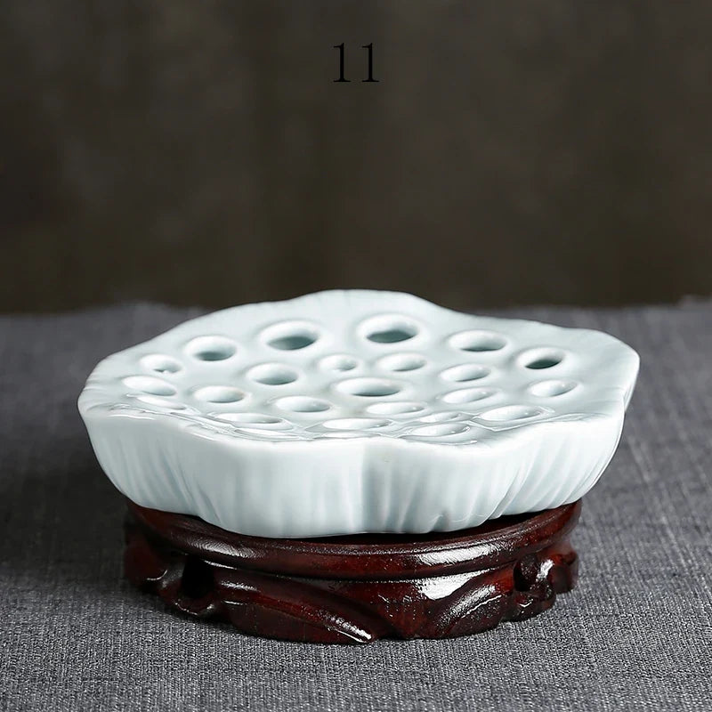 Japanese Ceramic Lotus Ikebana Flower Vase – Zen Floral Vessel with Built-In Frog Holder