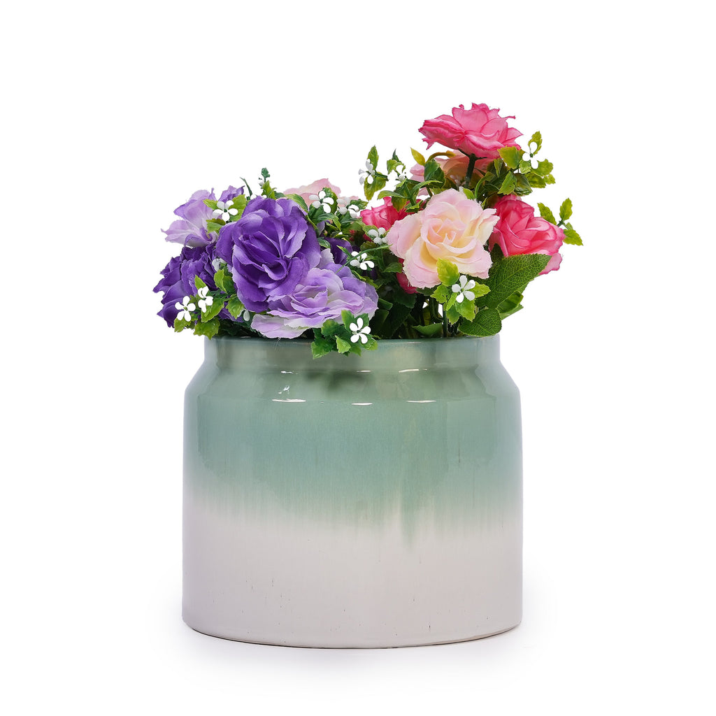 Set of 2 Gradient Ceramic Flowerpot, Modern Planter for Patio, Garden, Windowsill - White Green