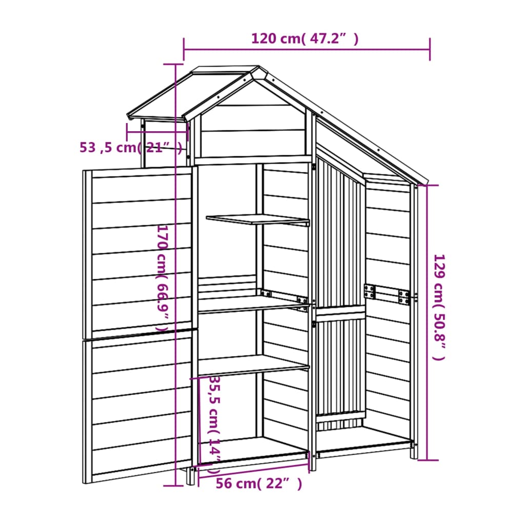 vidaXL Garden Tool Shed Brown 47.2"x21.1"x66.9" Solid Wood Pine