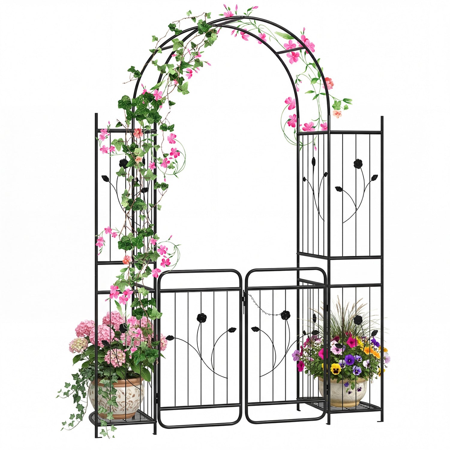 87 inch Tall Garden Arch with Gate Planter Shelves Climbing Trellises