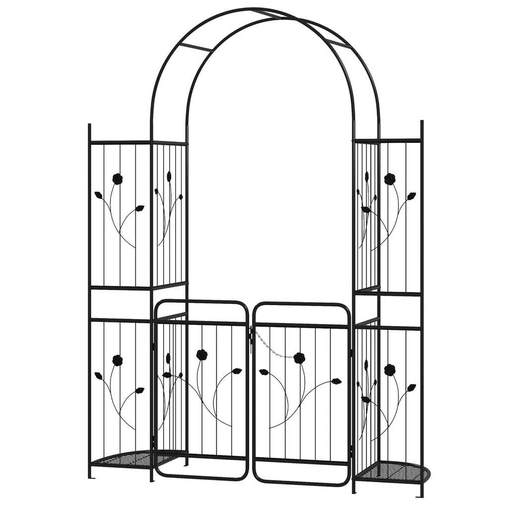 87 inch Tall Garden Arch with Gate Planter Shelves Climbing Trellises