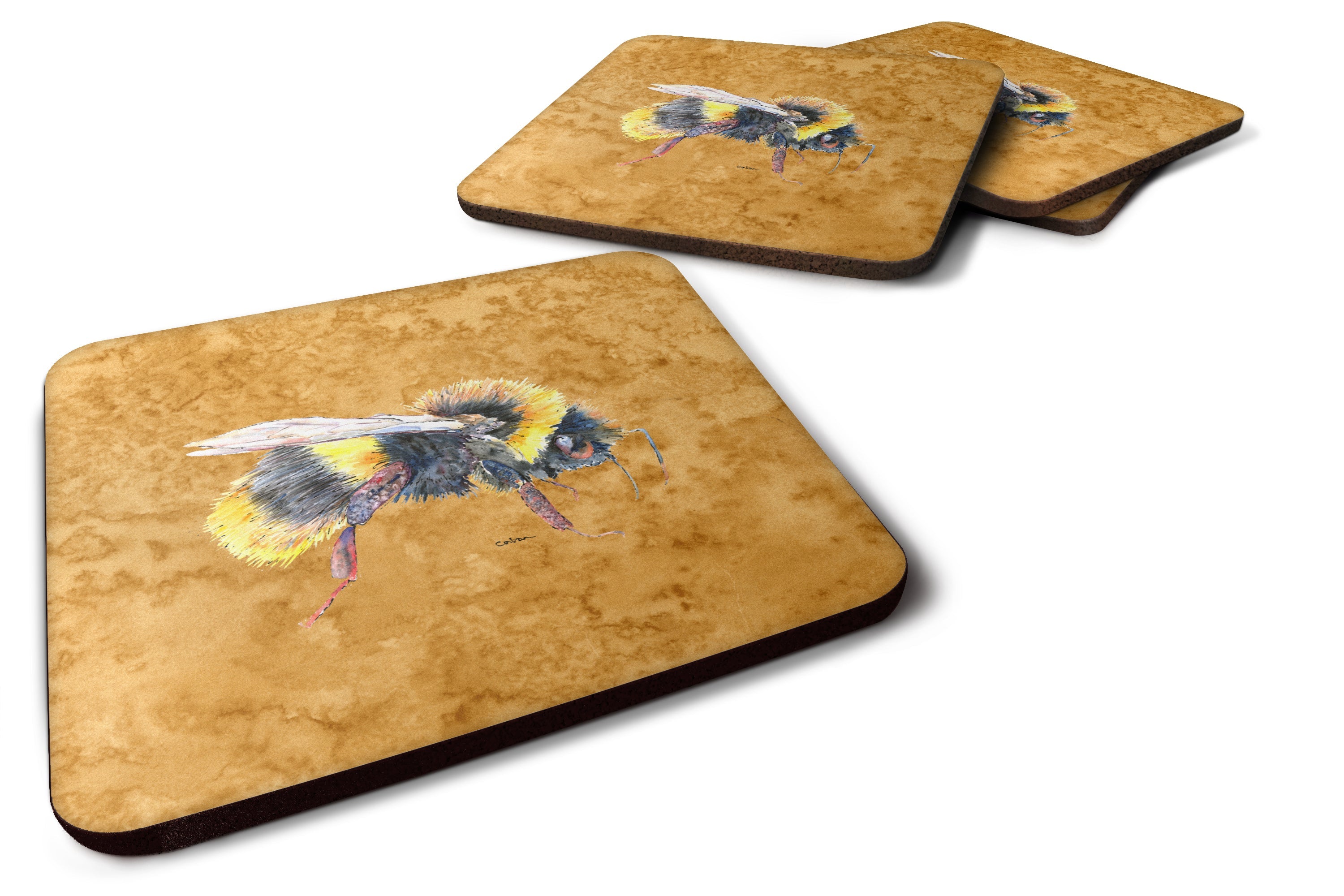 Bee on Gold Coasters - Set of 4 Lightweight Foam, Absorbent Drink Coasters
