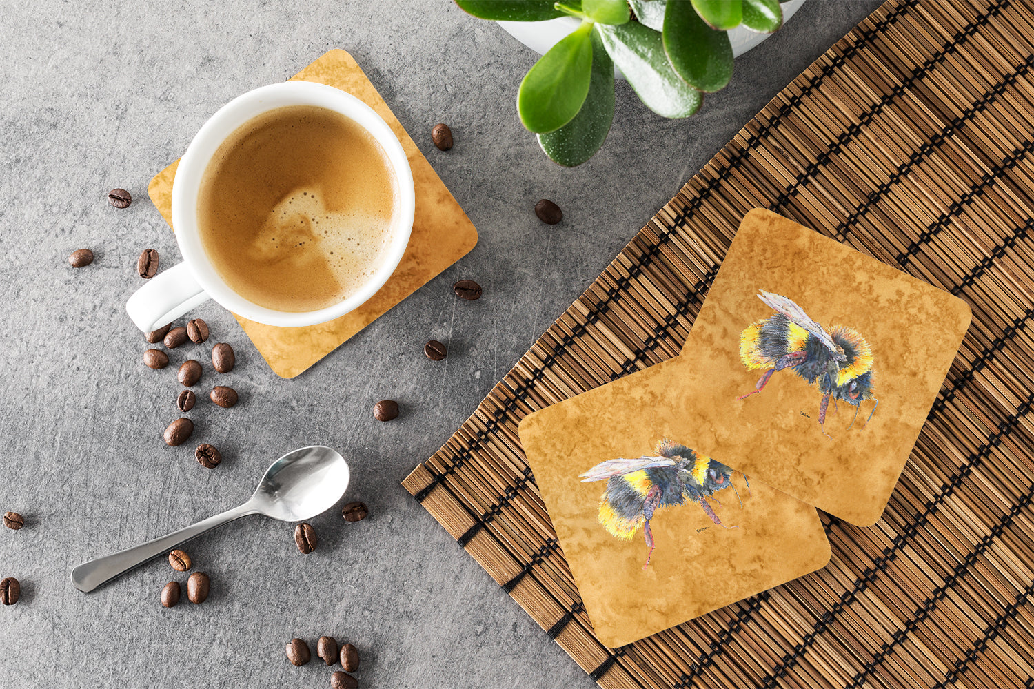 Bee on Gold Coasters - Set of 4 Lightweight Foam, Absorbent Drink Coasters