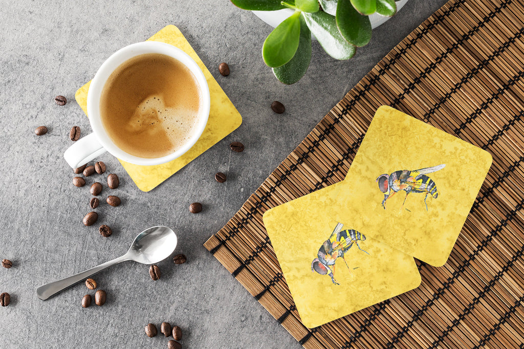 Bee on Yellow Coasters - Set of 4 Lightweight Foam, Absorbent Drink Coasters 8851FC