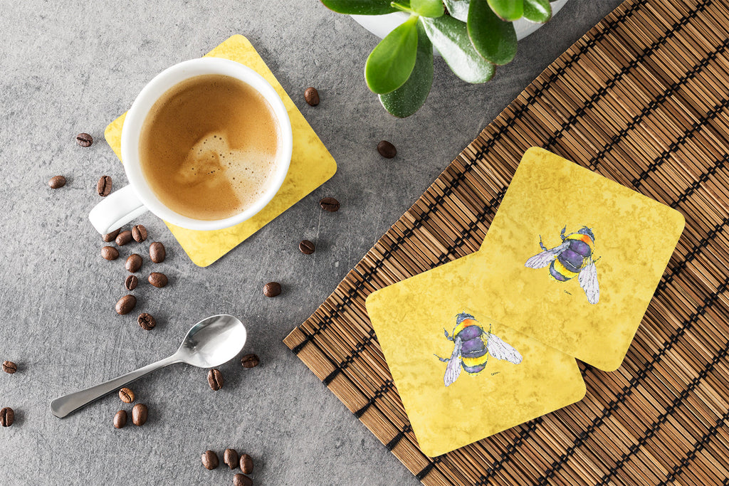 Bee on Yellow Coasters - Set of 4 Lightweight Foam, Absorbent Drink Coasters 8852FC