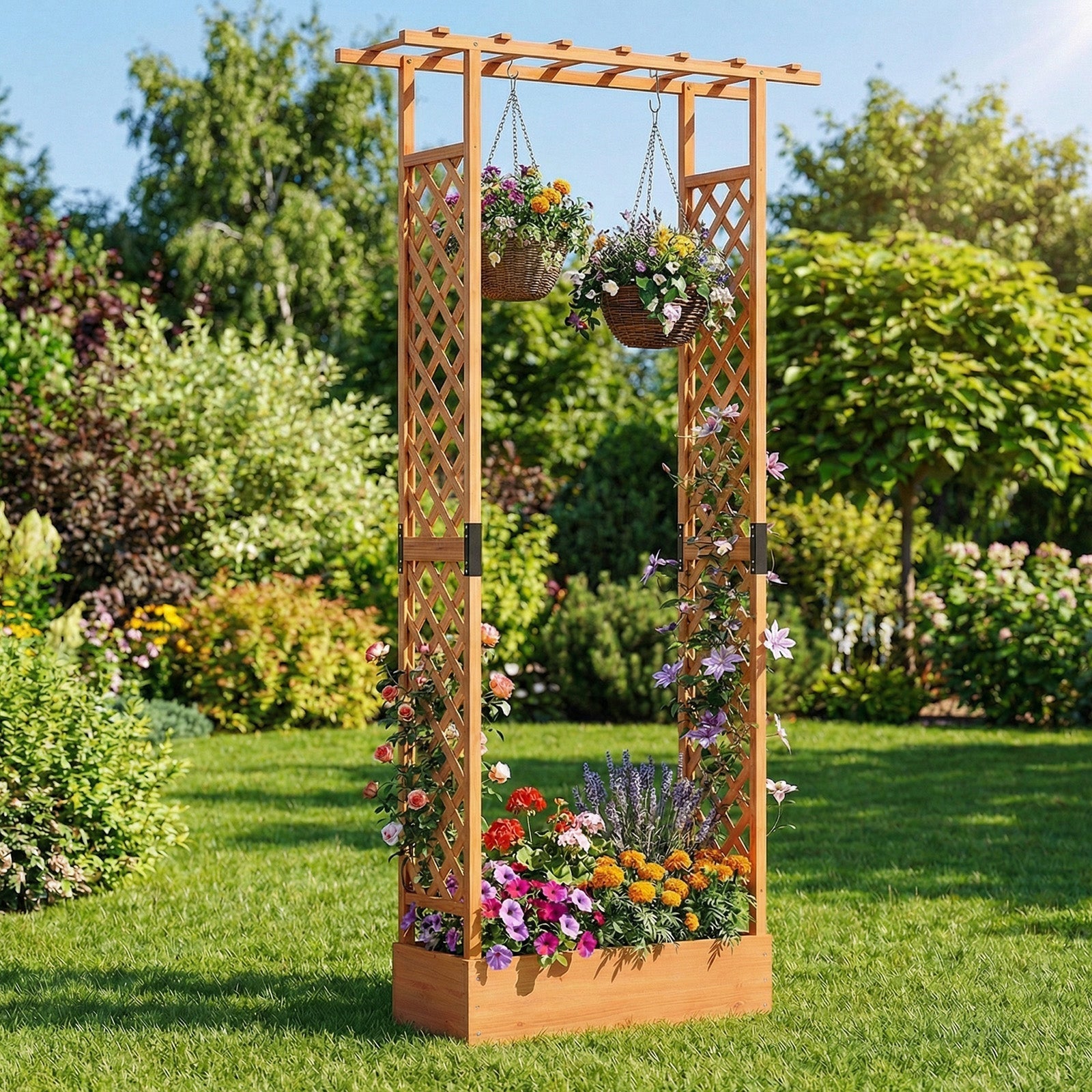 89 Inch Tall Wooden Raised Garden Bed with Side Trellis and Hanging Roof Drainage Holes
