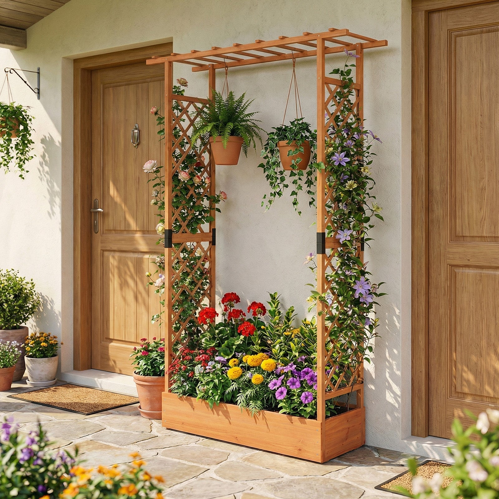 89 Inch Tall Wooden Raised Garden Bed with Side Trellis and Hanging Roof Drainage Holes