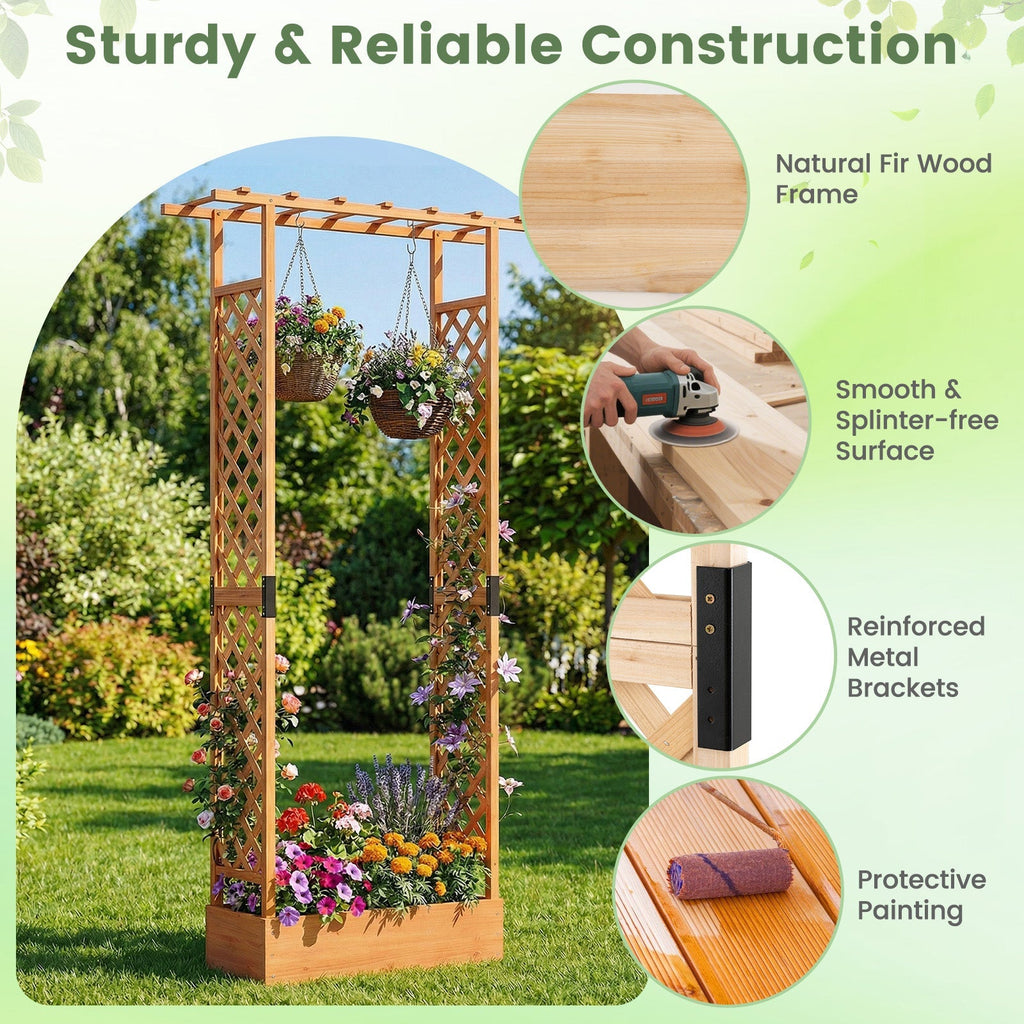 89 Inch Tall Wooden Raised Garden Bed with Side Trellis and Hanging Roof Drainage Holes