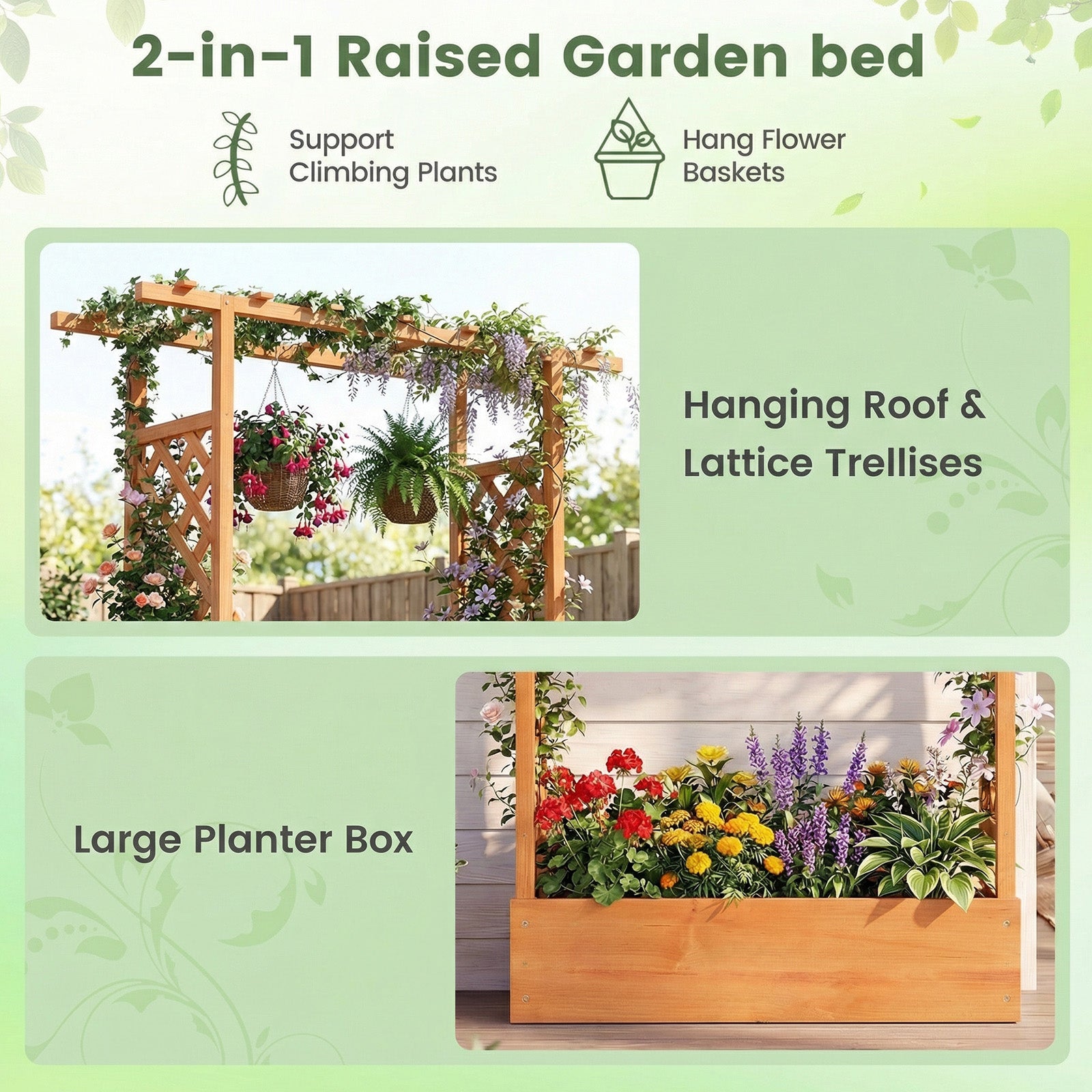 89 Inch Tall Wooden Raised Garden Bed with Side Trellis and Hanging Roof Drainage Holes