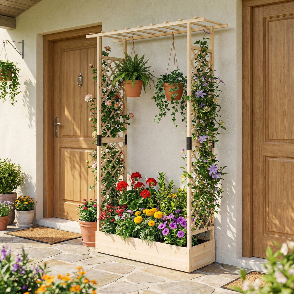 89 Inch Tall Wooden Raised Garden Bed with Side Trellis and Hanging Roof Drainage Holes