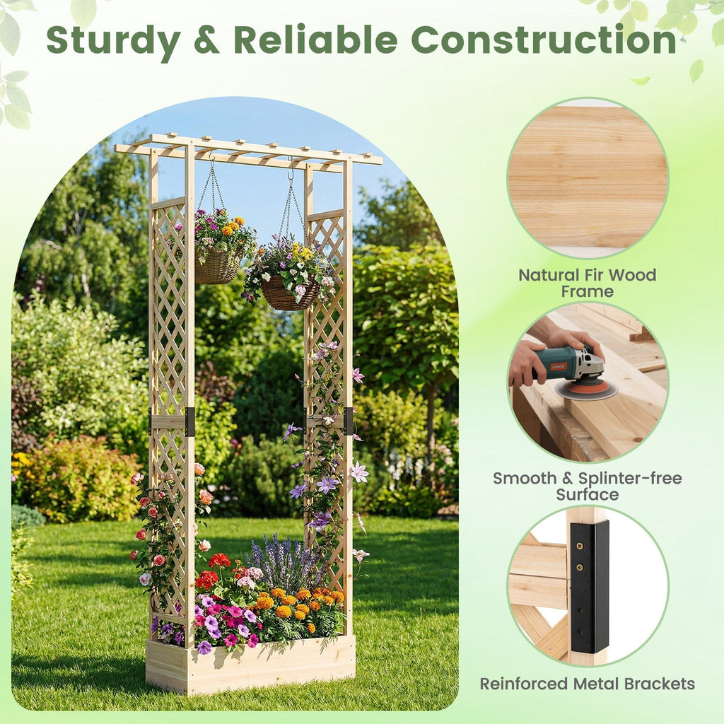 89 Inch Tall Wooden Raised Garden Bed with Side Trellis and Hanging Roof Drainage Holes