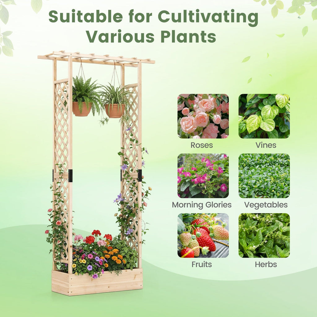 89 Inch Tall Wooden Raised Garden Bed with Side Trellis and Hanging Roof Drainage Holes