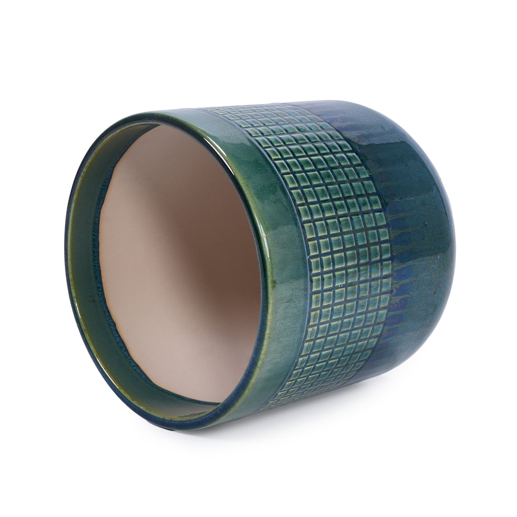 Set of 3 Grid Ceramic Flowerpot, Modern Planter for Patio, Garden, Windowsill - Blue Green