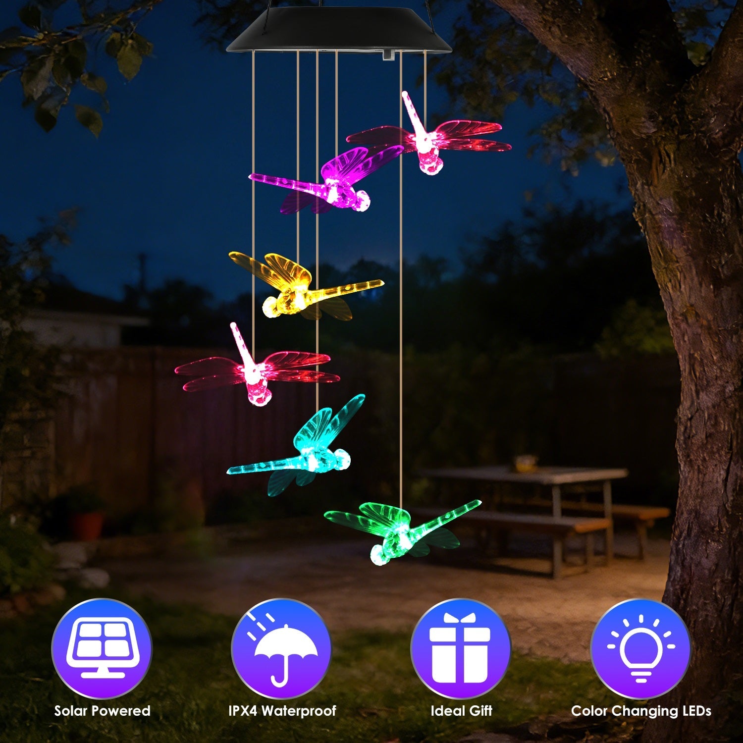 2Pack Solar Dragonfly Wind Chimes 7 Color Changing Wind Chimes for Outside IPX4 Waterproof Outdoor Garden Yard Decor