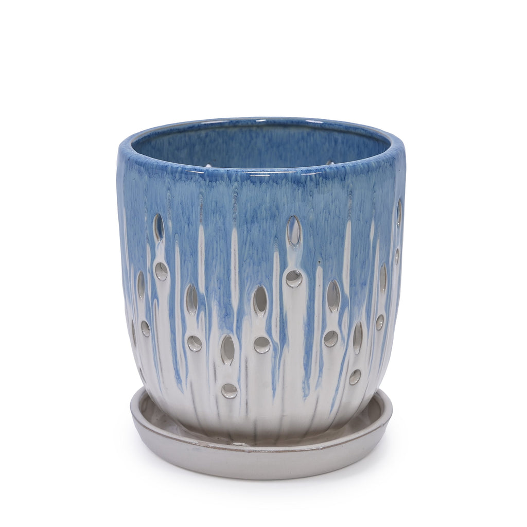 Set of 2 Ceramic Flowerpot with Drainage Hole, 8' Modern Planter for Patio, Garden, Windowsill - White Blue