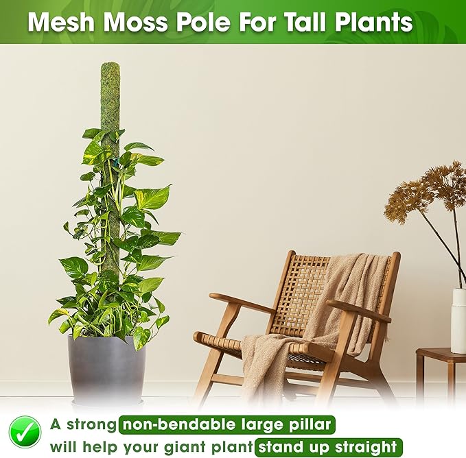 DUSPRO 59’’ Large Green Mesh Moss Pole Monstera Plant Support, Tall Plant Stakes, Moss Pole for Plants Monstera, Garden Pole, Moisture Stick for Plants (1pc., 59''), Natural