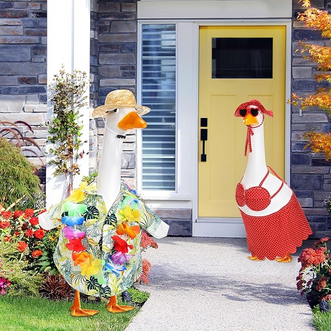 2 Set Hawaiian Luau Porch Goose Outfit for Lawn 23'' Plastic Goose Clothes Costume Summer Outdoor Decor(Dot Bikini)