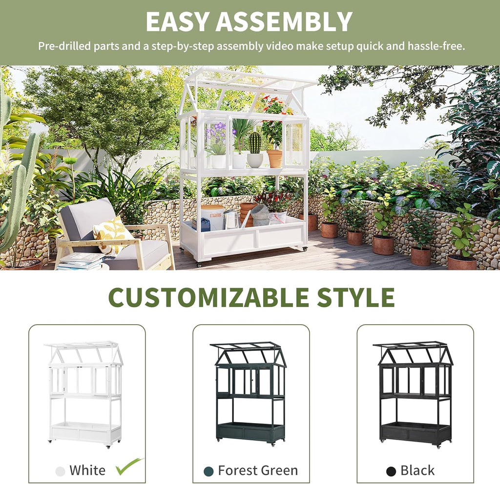 Portable Wooden Cold Frame Greenhouse with Wheels - 47" Mini Greenhouse with Adjustable Roof, Storage Box & Polycarbonate Panels - Plant Protector for Seedlings, Herbs & Winter Gardening (White)