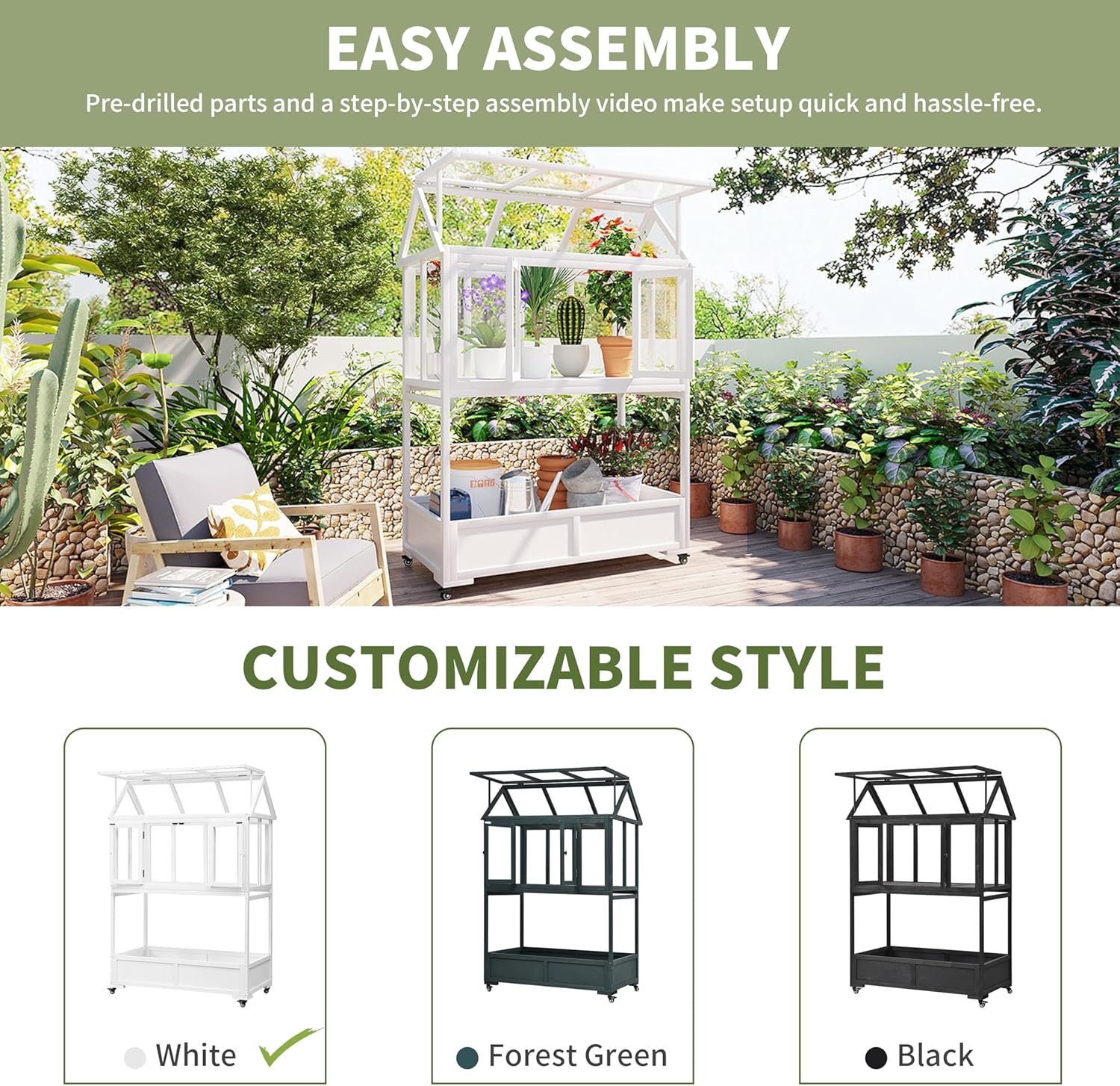 Portable Wooden Cold Frame Greenhouse with Wheels - 47" Mini Greenhouse with Adjustable Roof, Storage Box & Polycarbonate Panels - Plant Protector for Seedlings, Herbs & Winter Gardening (White)