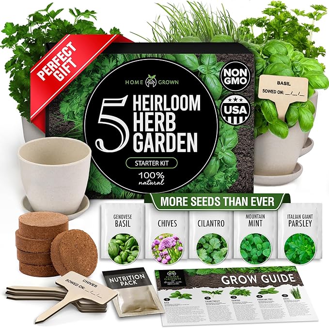 HOME GROWN Indoor Herb Garden Starter Kit - Christmas Gift for Gardeners - Complete 5 Herb Plant Grow Kit - Unique Gift for Mom, Women, Her, Men - Birthday Gift