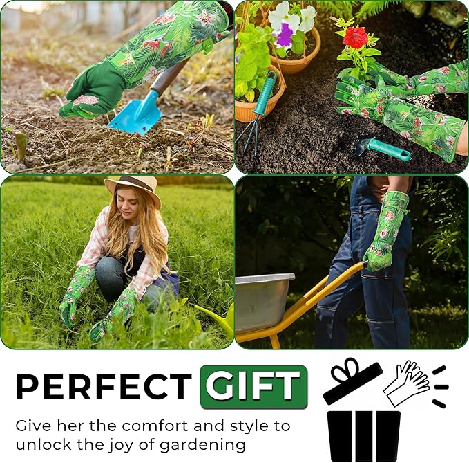 HANDLANDY Women Gardening Gloves, Thorn Proof Breathable Ladies Rose Pruning Long Gauntlet Floral Print Garden Yard Gloves, Gift for Gardeners (Green, XL)