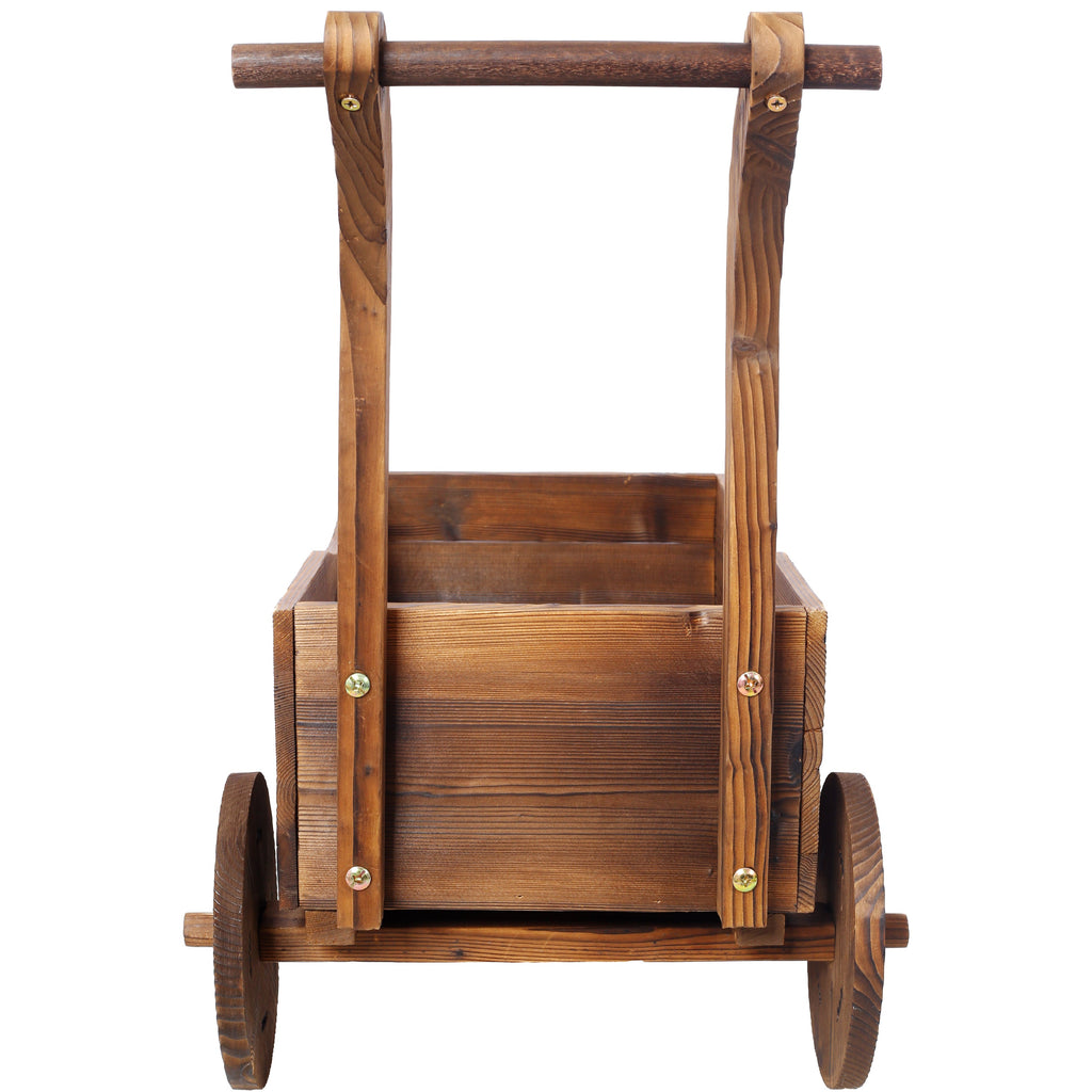 Wooden Wagon Planter Box, Mobile Garden Planter with Wheels, Handle, Drain Hole, Brown Wood, 26.5 x 14.1 x 21.2 inches