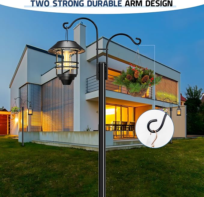 Ottsuls Bird Feeder Pole, 2 Pack 92 INCH Double Shepherds Hooks for Outdoor, Garden Pole with 5 Base Prongs Heavy Duty Planter Hooks for Hanging Plant Baskets, Lantern, Hummingbird Feeder