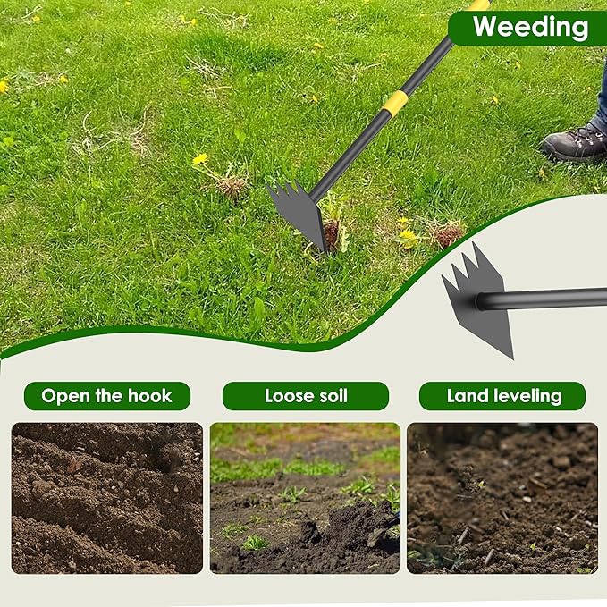 Dual Headed Hoe Garden Tool, Hoe Cultivator Gardening Tool, 17-59" Adjustable Long Handle Heavy Duty Scuffle Hoe with Rake Tiller Cultivator for Weeding, Digging, Loosening Soil, Sowing