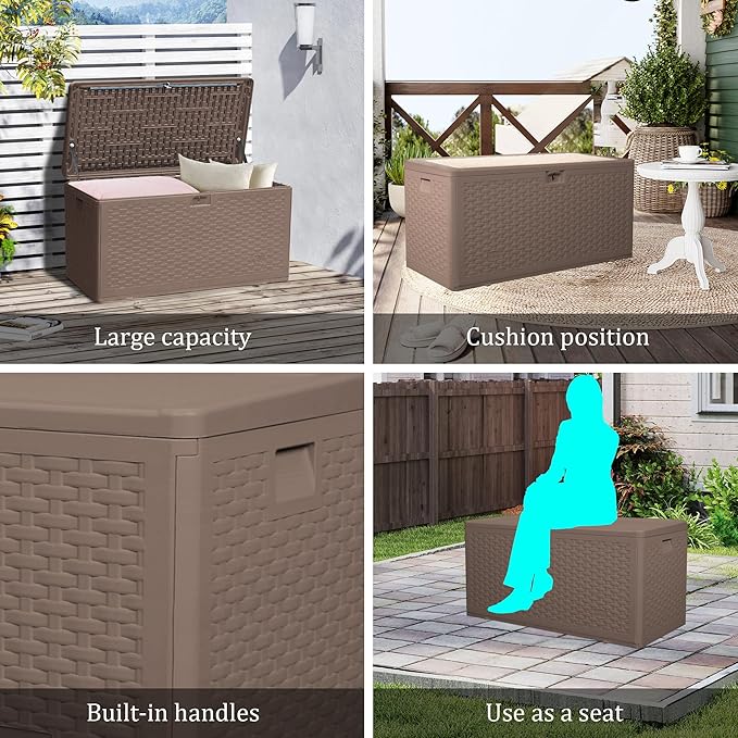 73 Gallon Pro Outdoor Storage Box Waterproof Lockable Resin Deck Box Large, Patio Storage Bin for Pool Accessories Cushion Furniture, Garden Tools, UV-Resistant Outside Delivery Brown