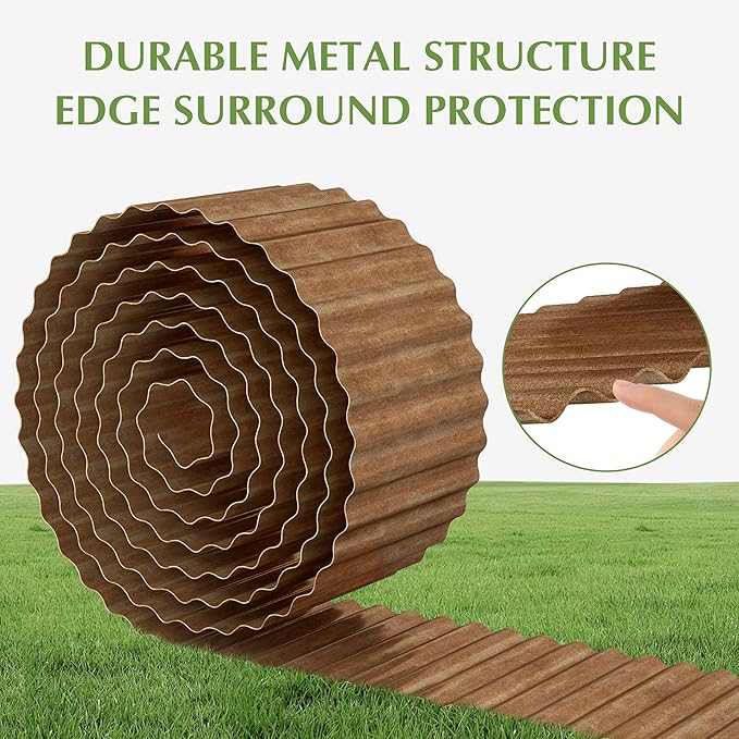 Metal Garden Edging Border, Corrugated Steel Landscaping, DIY for Lawn (Rusty, 8 Inch x 10FT)