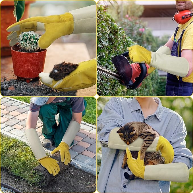 HANDLANDY Rose Pruning Gardening Gloves for Men Women, Thorn Proof Forearm Protection Leather Garden Gloves, Gardening Gifts for Gardeners (Yellow- goatskin, Medium (Pack of 1))