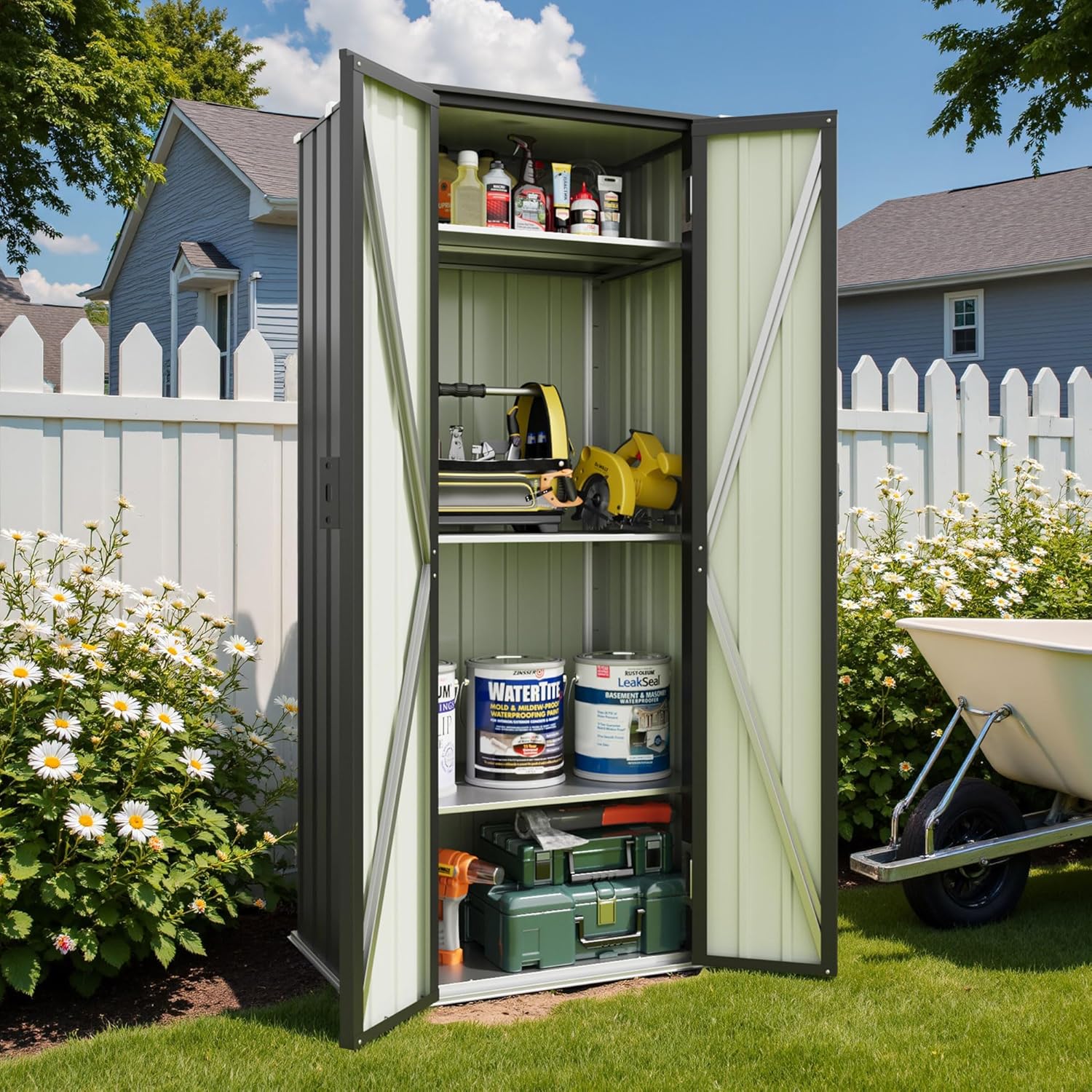 Patiowell 28 Cuft Outdoor Storage Cabinet with Lockable Door, Metal Storage Shed with 3 Adjustable Shelves, Indoor Outdoor Vertical Waterproof Tool Shed for Backyard Garden Patio Lawn, Black