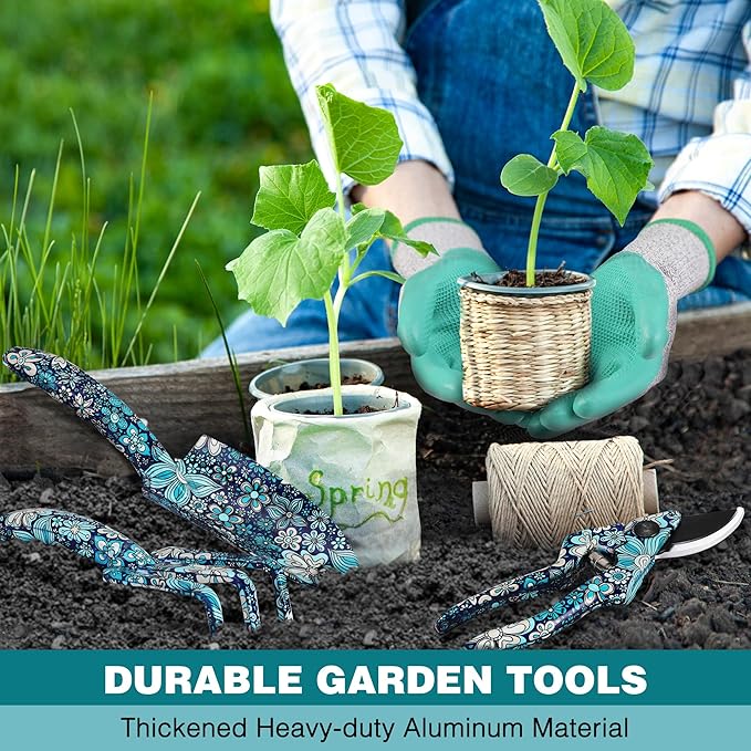 WORKPRO 5PCS Garden Tool Set, Aluminum Heavy Duty Gardening Tool Set with Garden Tool Bag, Outdoor Garden Hand Tools, Floral Blue