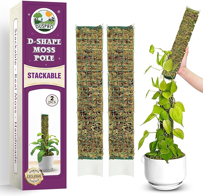 DUSPRO D-Shaped Plastic Moss Poles for Climbing Plants Monstera Stackable Moss Pole for Plants Moss Plant Pole Handmade Moss Stick for Indoor Plants Grow Upward 2 Pack 16.5 inches