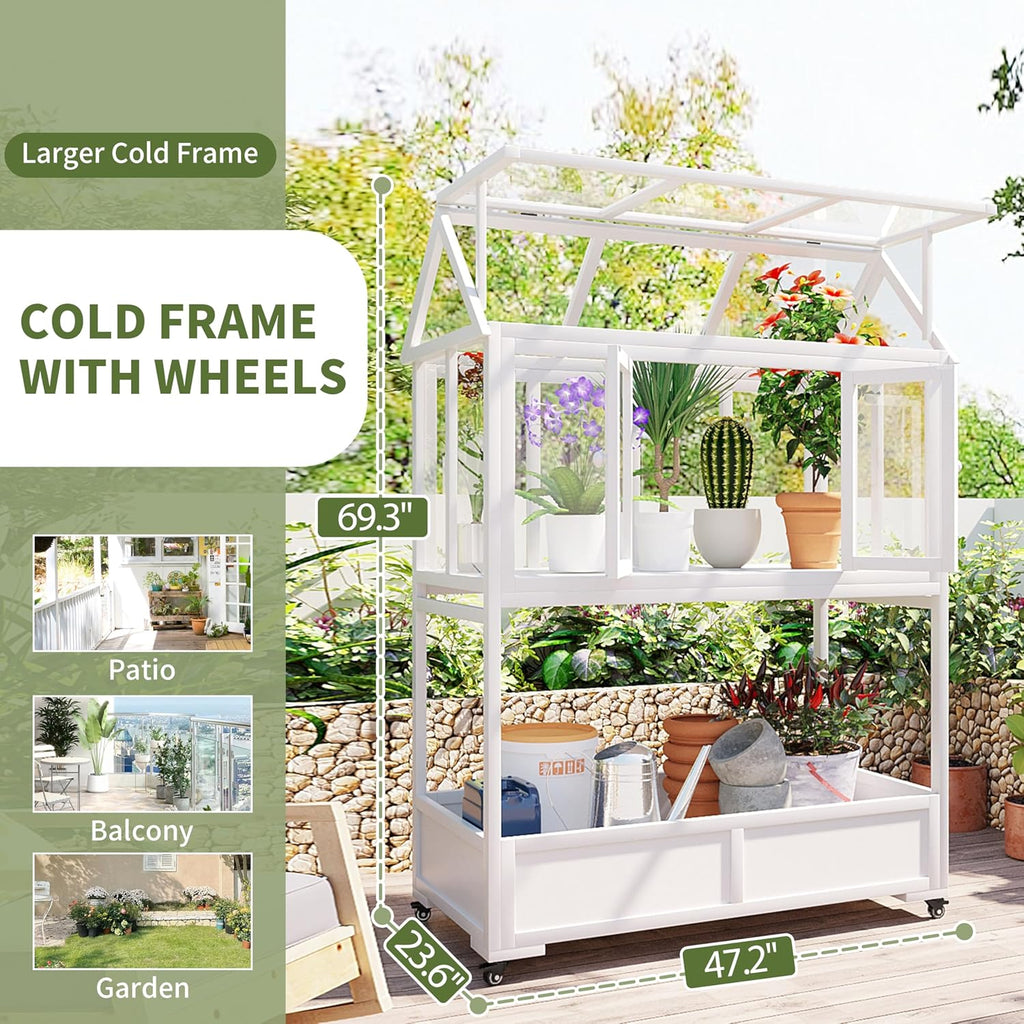 Portable Wooden Cold Frame Greenhouse with Wheels - 47" Mini Greenhouse with Adjustable Roof, Storage Box & Polycarbonate Panels - Plant Protector for Seedlings, Herbs & Winter Gardening (White)