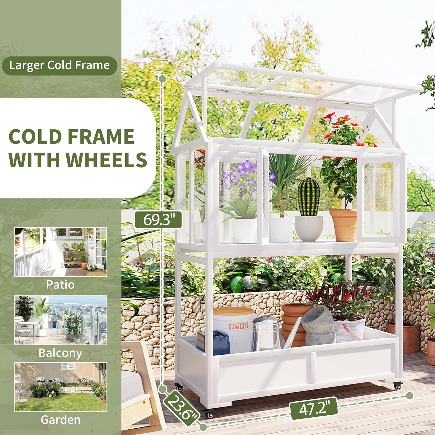 Portable Wooden Cold Frame Greenhouse with Wheels - 47" Mini Greenhouse with Adjustable Roof, Storage Box & Polycarbonate Panels - Plant Protector for Seedlings, Herbs & Winter Gardening (White)