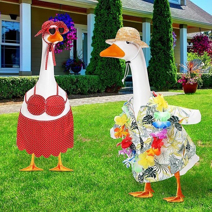 2 Set Hawaiian Luau Porch Goose Outfit for Lawn 23'' Plastic Goose Clothes Costume Summer Outdoor Decor(Dot Bikini)