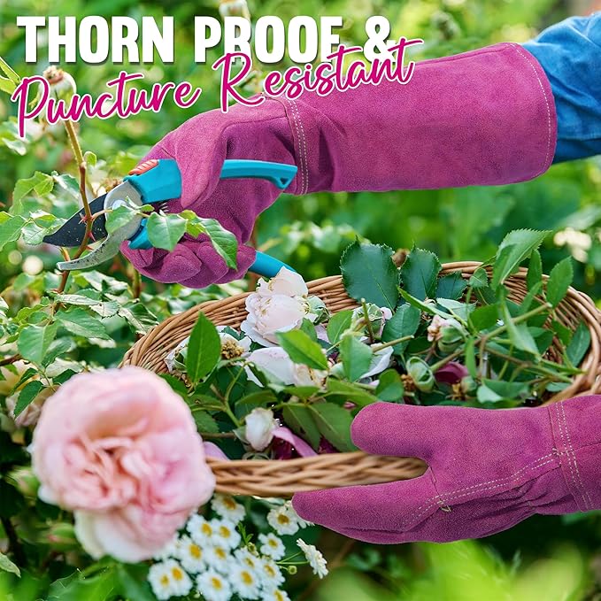 HANDLANDY Ladies Thorn Proof Gardening Gloves, Long Gauntlet Heavy Duty Garden Gloves, Elbow Length Women Leather Rose Pruning Glove (Large, Rosy)