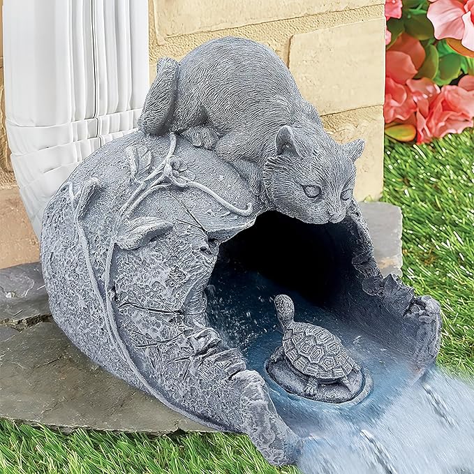 Real Cat Sculpture Gutter Downspout Extender, Eco-Friendly Resin Garden Animal Statue, Decorative Gutter Extension Downspout, Outdoor Decor Ornament, Splash Block, Perfect for 3"x4" Downspouts