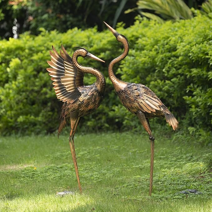 TERESA'S COLLECTIONS Yard Decorations Outdoor Garden Statues, Brass Metal Crane Yard Art, 25-26inch Lawn Ornaments for Backyard, Outside Porch, Patio, Wedding Decor,Set of 2,Spring Decor,Gifts for Mom