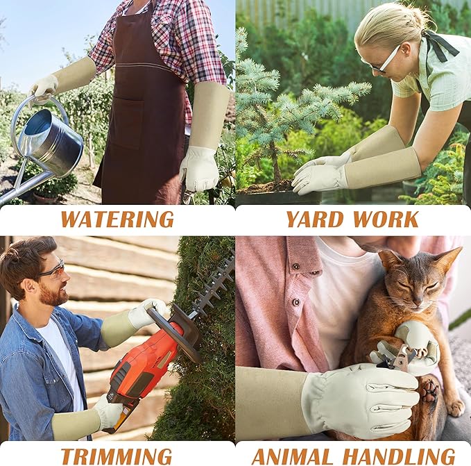 HANDLANDY Pruning Gloves Long for Men & Women, Pigskin Leather Rose Gardening Gloves- Breathable & Durability Gauntlet Glove Medium
