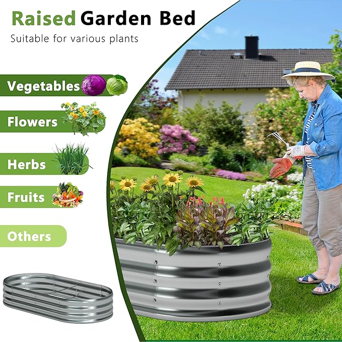 12x2x1ftOval Galvanized Raised Garden Bed,Outdoor Planter Box Metal Patio Kit Planting Bed for Vegetables Flowers and Succulents