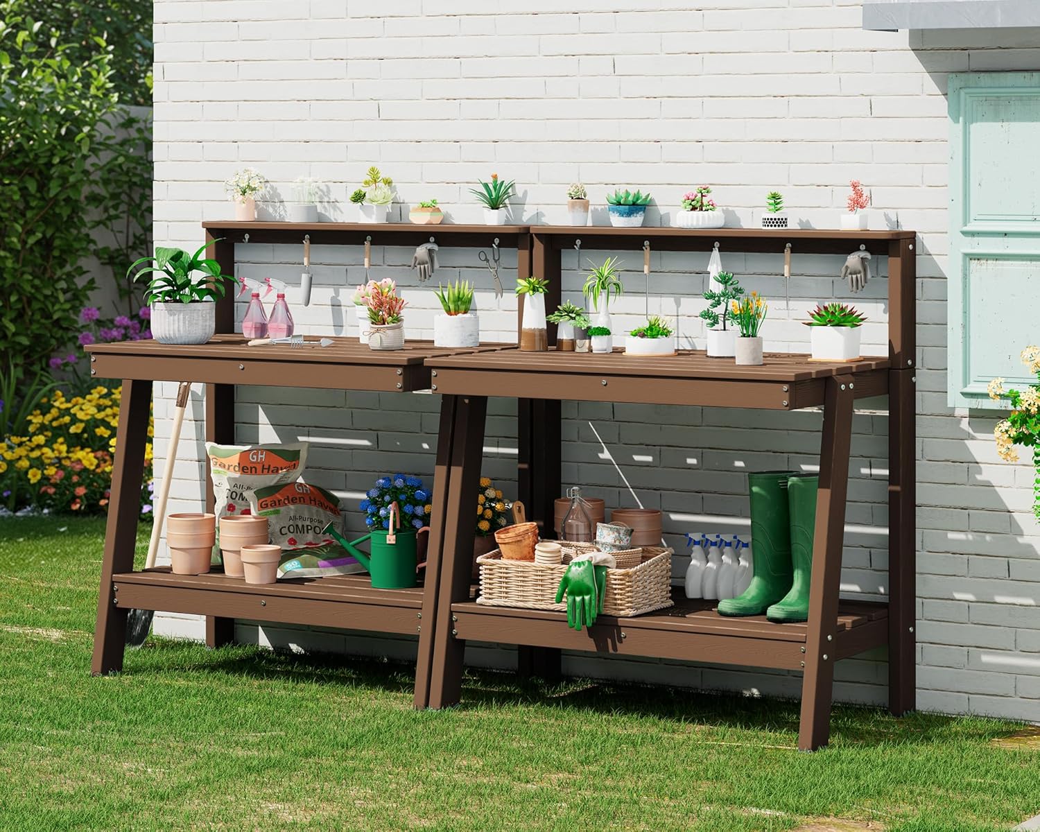SERWALL Potting Bench Outdoor with Storage Set of 2, 3-Tier HDPE Gardening Table with Angled Legs & Tool Hooks, All-Weather Heavy Duty Potting Table for Patio, Backyard, Garden, Brown