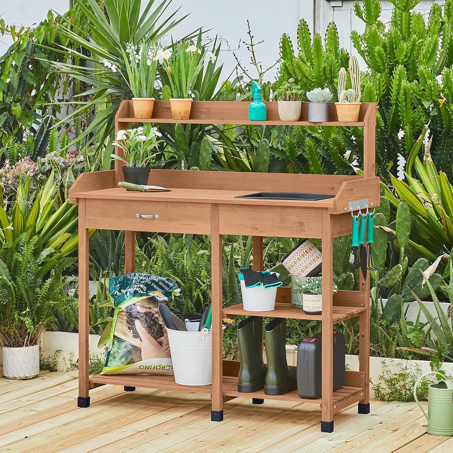 Yaheetech Potting Bench Outdoor Garden Work Bench Station Planting Solid Wood Construction for Horticulture w/Sink Drawer Rack Shelves Brown